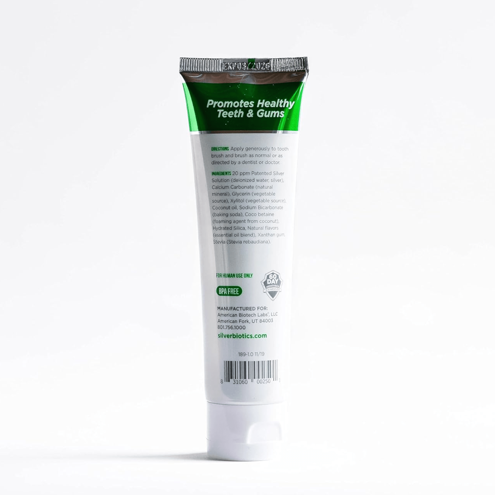 American Biotech Labs Silver Biotic Toothpaste 4 Oz Fluoride Free promoting healthy teeth and gums.