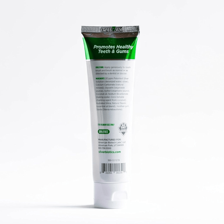 WEBMHP Silver Biotic Toothpaste 4 oz fluoride-free toothpaste with natural antibacterial ingredients, designed for oral health.