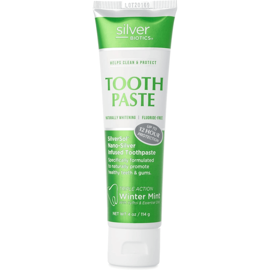 American Biotech Labs Silver Biotic fluoride-free toothpaste in 4 oz tube, natural oral care product from WEBMHP.