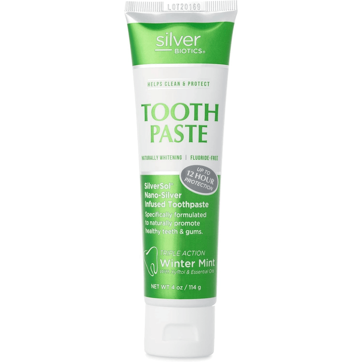 American Biotech Labs Silver Biotic fluoride-free toothpaste in 4 oz tube, natural oral care product from WEBMHP.