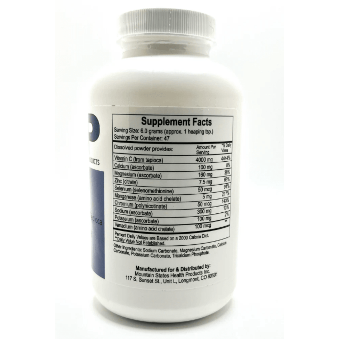 WEBMHP Vitamin C Alka C powder in a 10 oz container, supporting daily wellness and pH balance with vitamin C supplement.