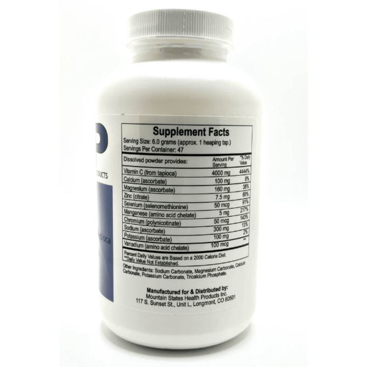 WEBMHP Vitamin C Alka C powder in a 10 oz container, supporting daily wellness and pH balance with vitamin C supplement.