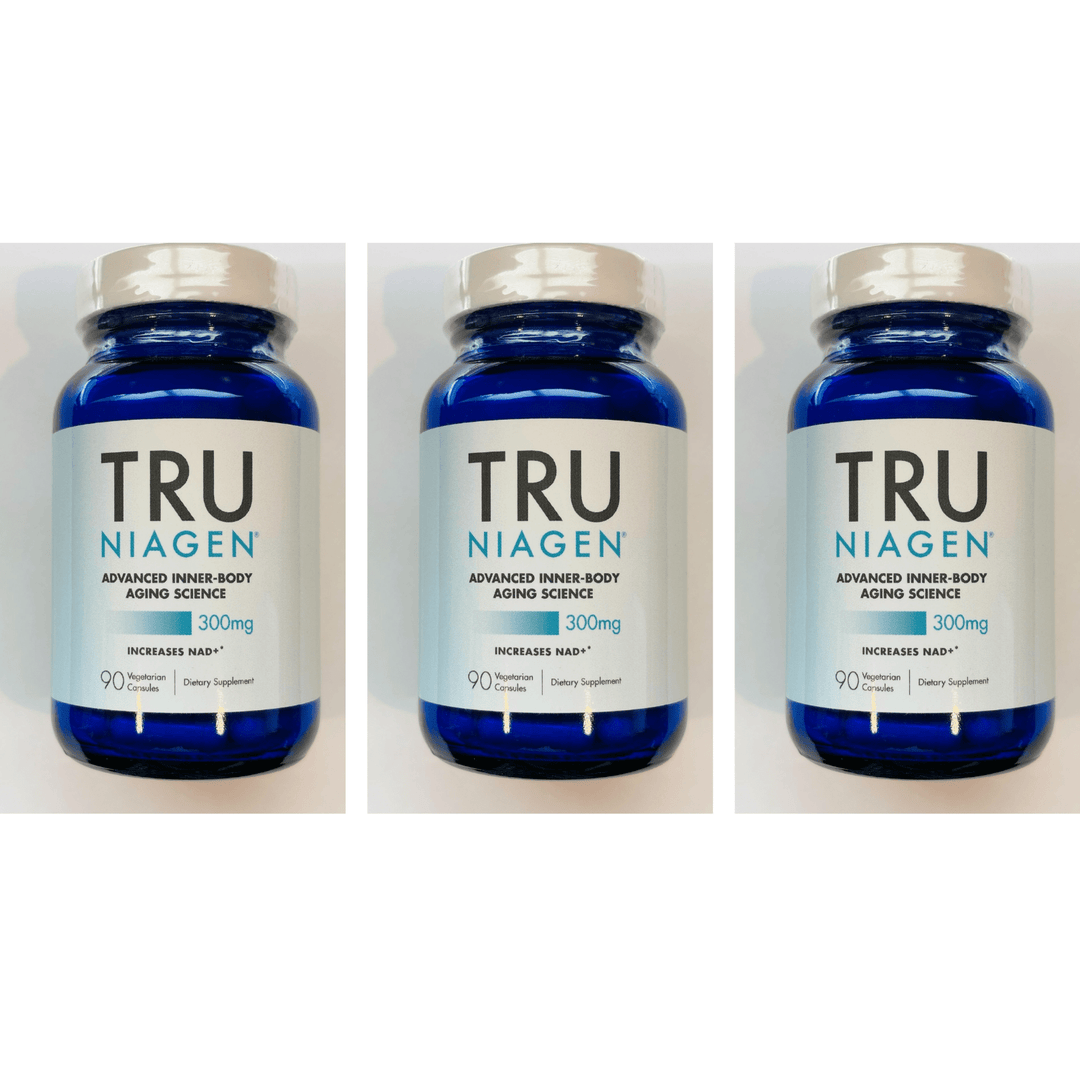 Tru Niagen Boosting Supplement by WEBMHP, 90 vegetarian capsules, 300mg for cellular energy, three-pack of vitamins and minerals.