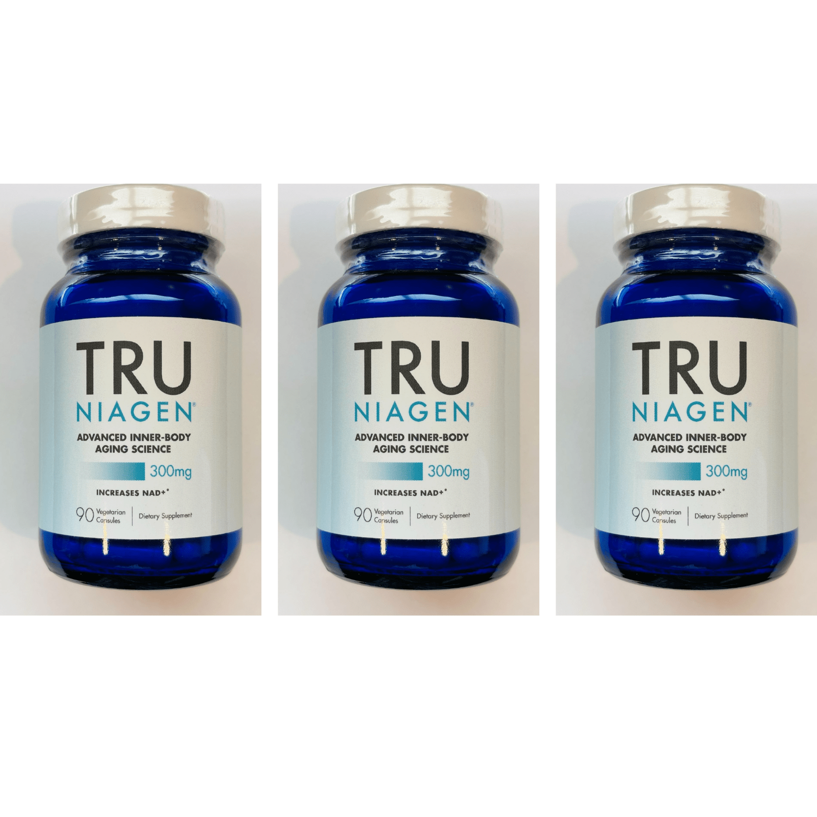 Tru Niagen Boosting Supplement by WEBMHP, 90 vegetarian capsules, 300mg for cellular energy, three-pack of vitamins and minerals.