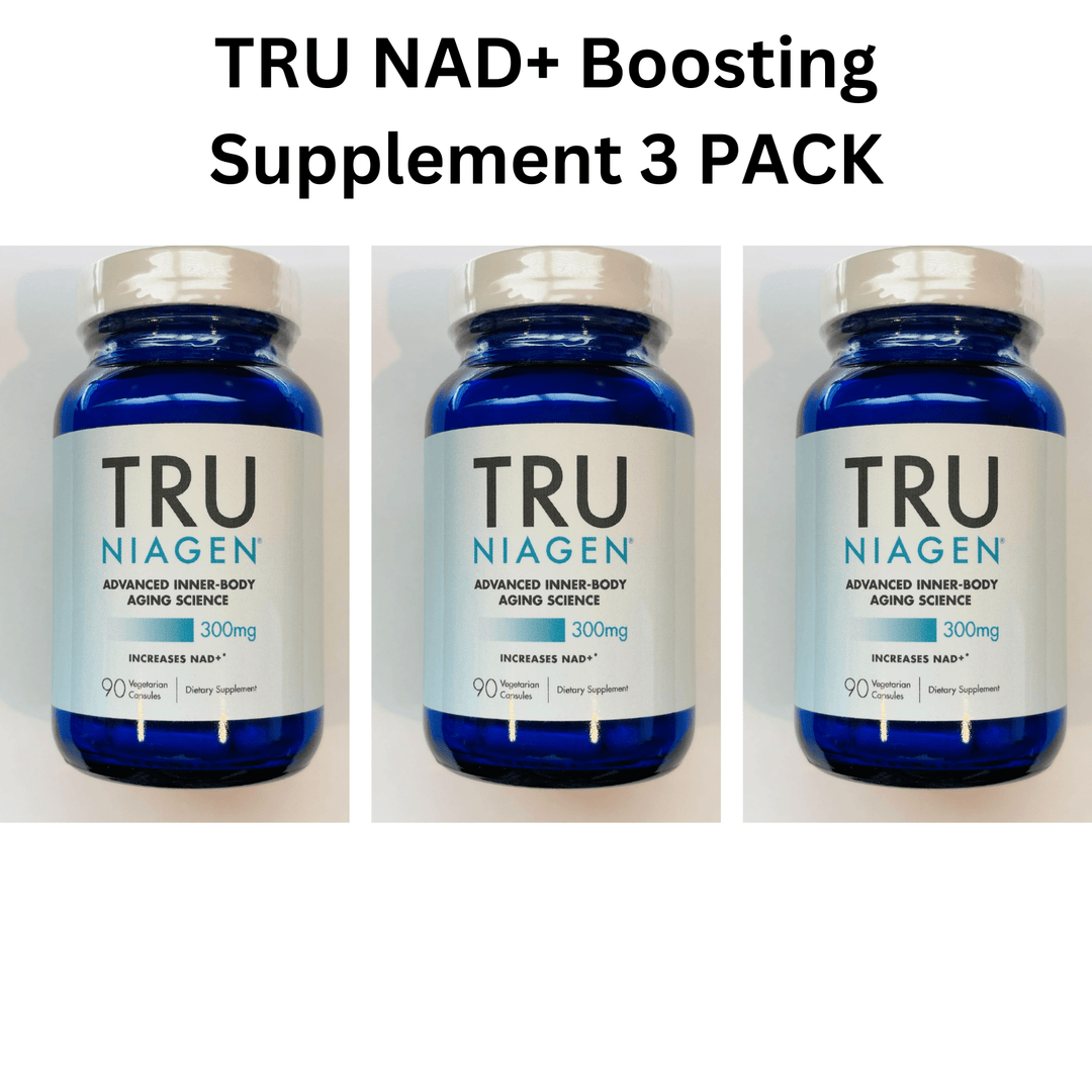 Three packs of WEBMHP Tru Niagen cellular energy boosting supplement capsules, 300mg vegetarian vitamins and minerals bottles.