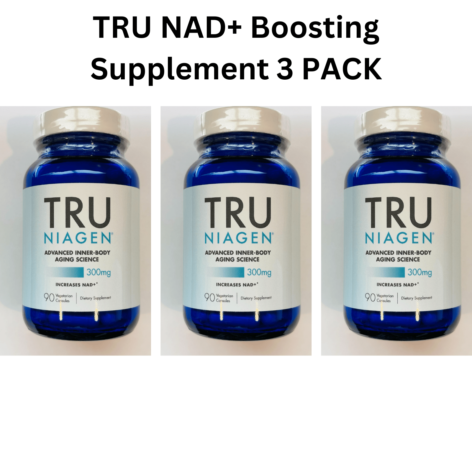 Three packs of WEBMHP Tru Niagen cellular energy boosting supplement capsules, 300mg vegetarian vitamins and minerals bottles.