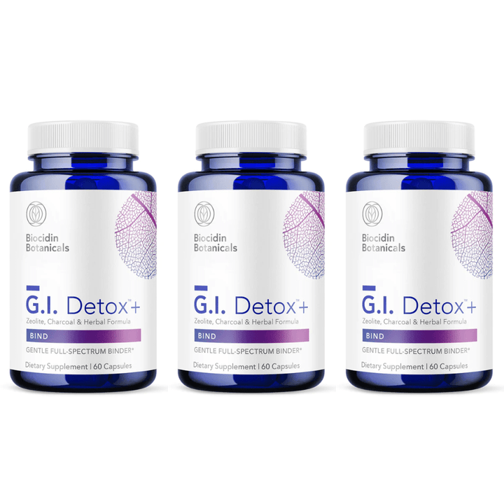 WEBMHP Biocidin G.I. Detox+ intestinal cleanse capsules, 60-count, natural charcoal binder, three-pack of dietary supplements.