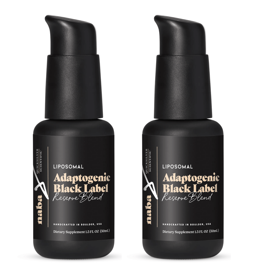 Two bottles of Quicksilver Scientific Adaptogenic Black Label Reserve Blend vitamins and supplements in 1.5 fl oz size, packaged as a 2-pack.