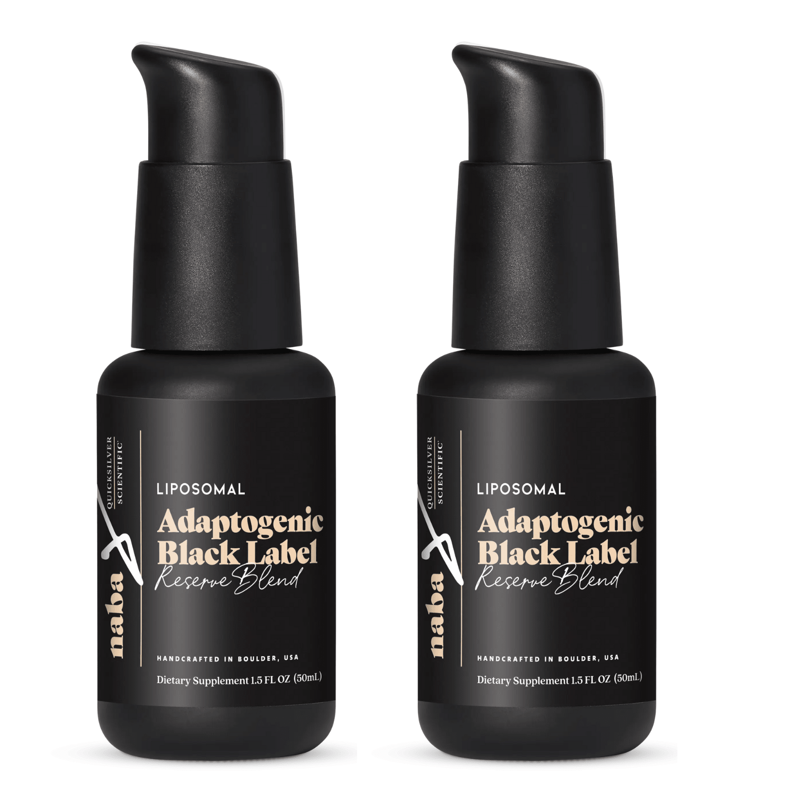 Two bottles of Quicksilver Scientific Adaptogenic Black Label Reserve Blend vitamins and supplements in 1.5 fl oz size, packaged as a 2-pack.