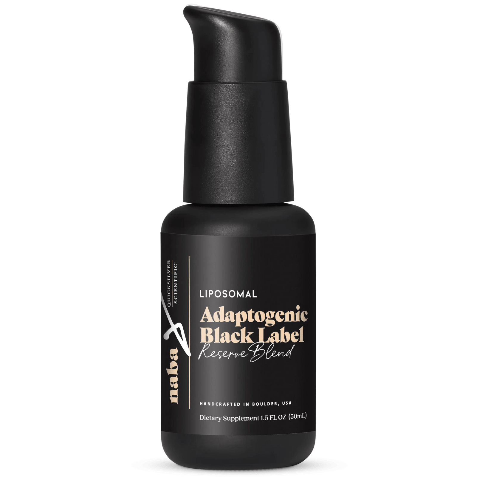 Quicksilver Scientific Adaptogenic Black Label Reserve Blend supplement in a 1.5 fl oz bottle, part of vitamins and supplements.