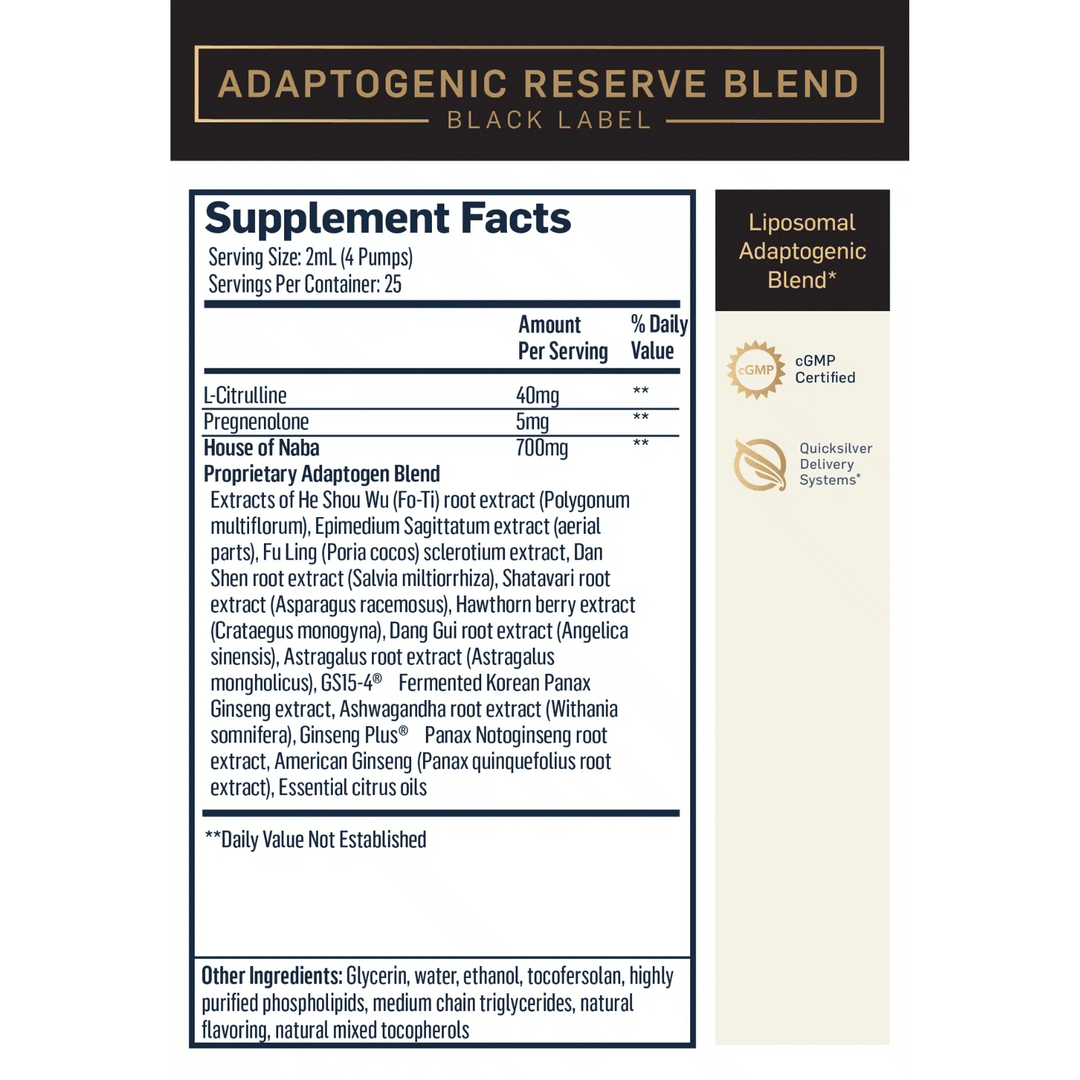 Quicksilver Scientific Adaptogenic Black Label Reserve Blend supplement in 1.5 fl oz bottle, part of WEBMHP vitamins and supplements collection.