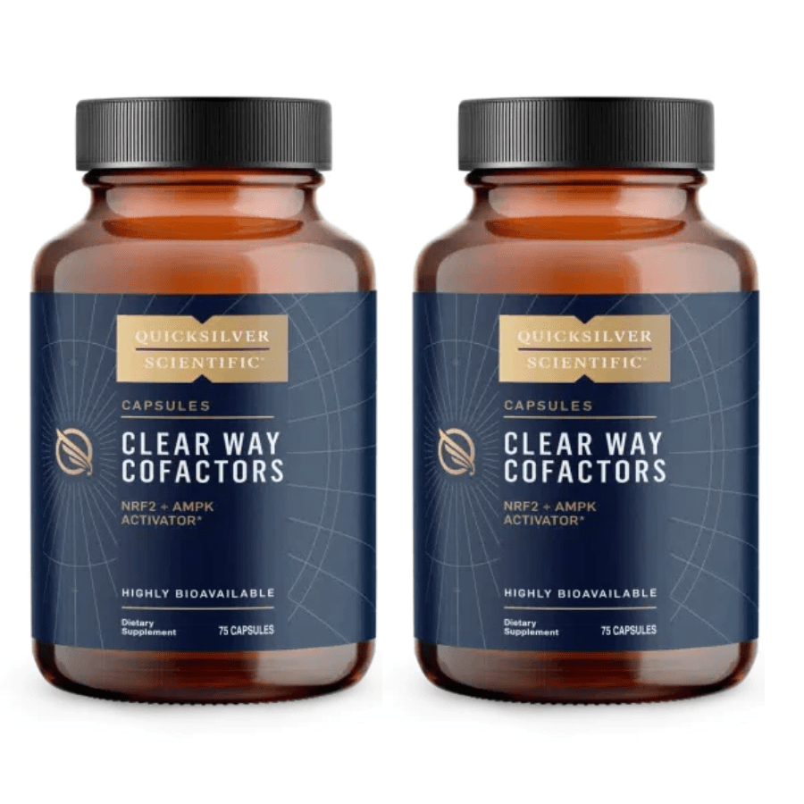 Two bottles of Quicksilver Scientific Clearway Co-Factors Blend vitamins in clear capsules, 75 caps per bottle, in a 2-pack.