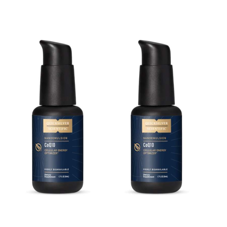 Quicksilver Scientific CoQ10 Liposomal Pump 15 mg liquid supplement in a 2-pack, featuring a dropper for easy dosing.