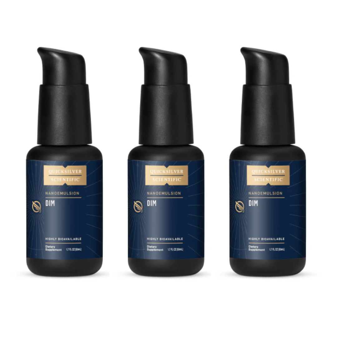 Three bottles of Quicksilver Scientific DIM Nano Absorption Liquid, dietary supplement for hormone support, in 1.7oz (50ml) size