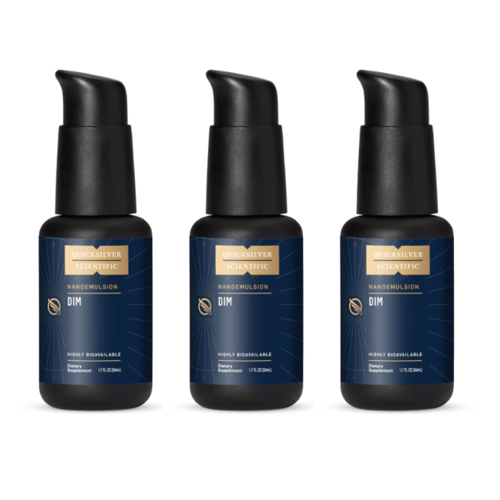Three bottles of Quicksilver Scientific DIM Nano Absorption Liquid, dietary supplement for hormone support, in 1.7oz (50ml) size