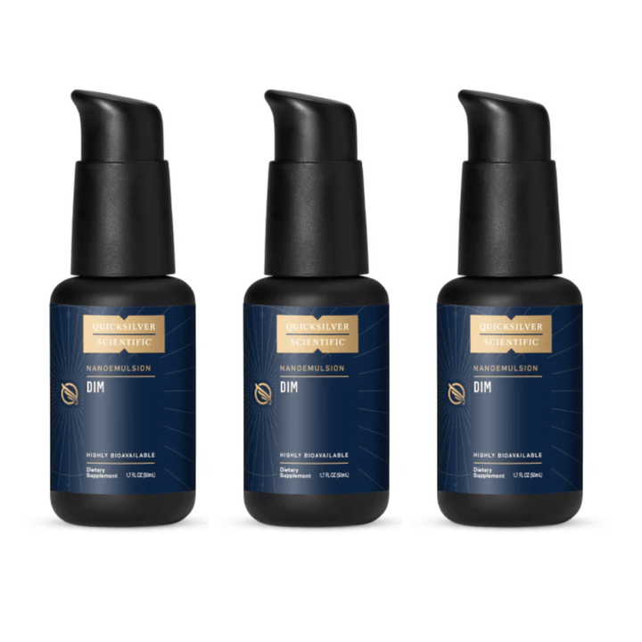 Three bottles of Quicksilver Scientific DIM Nano Absorption Liquid dietary supplement, 1.7oz (50ml) each, in a 3-pack.