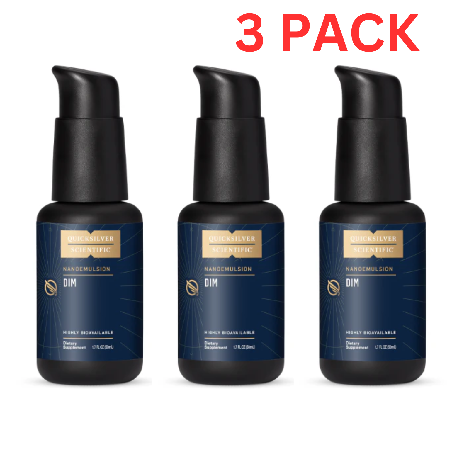 Quicksilver Scientific DIM Nano Absorption Liquid 1.7oz (50ml) supplement, three-pack, in clear bottles with dropper caps.