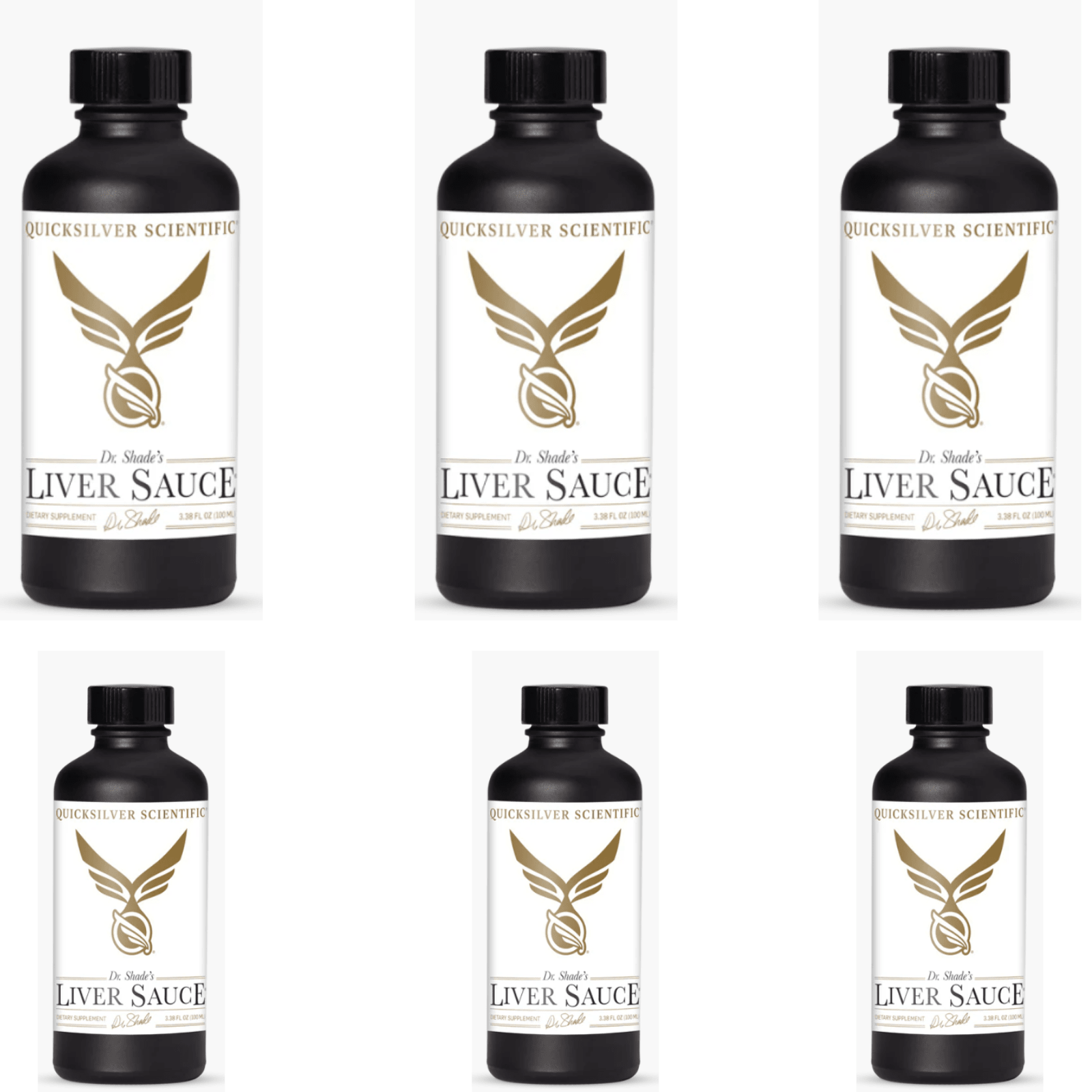 Six bottles of Quicksilver Scientific Dr. Shades Liver Sauce, a vitamins and supplements product, in 100 mL bottles.