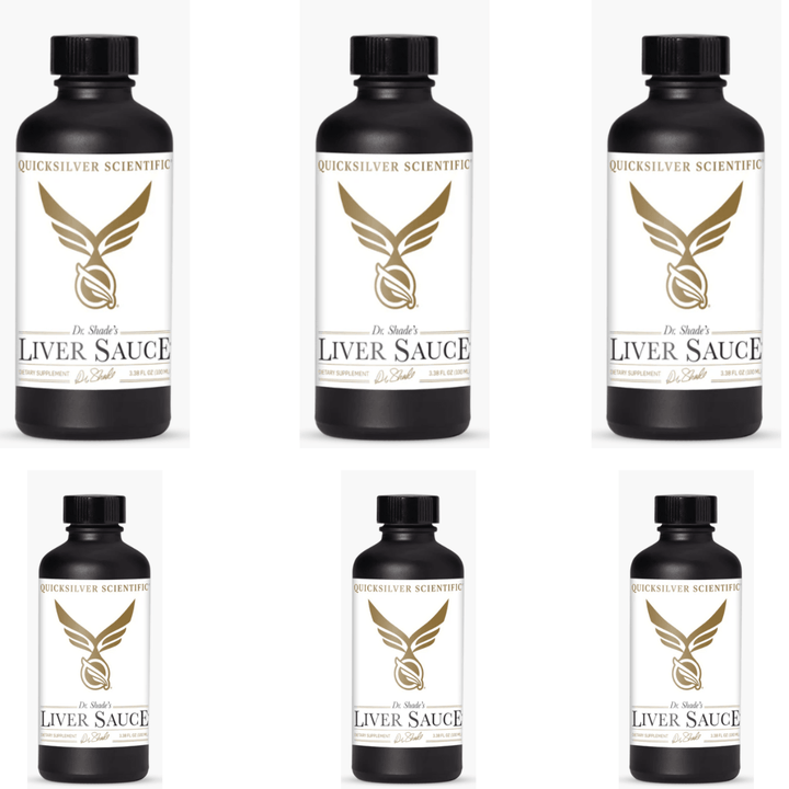 Six bottles of Quicksilver Scientific Dr. Shades Liver Sauce, a vitamins and supplements product, in 100 mL bottles.