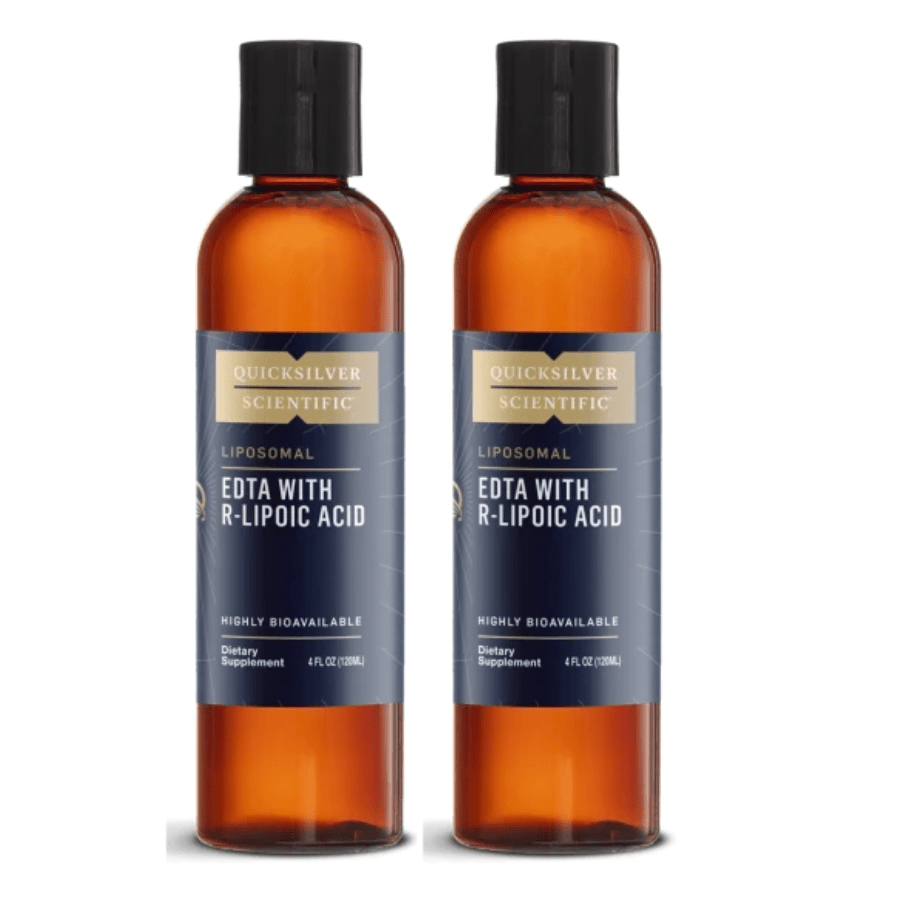 Two 4 oz bottles of Quicksilver Scientific EDTA and R-Lipoic Acid dietary supplement by WEBMHP, showing the supplement bottles.