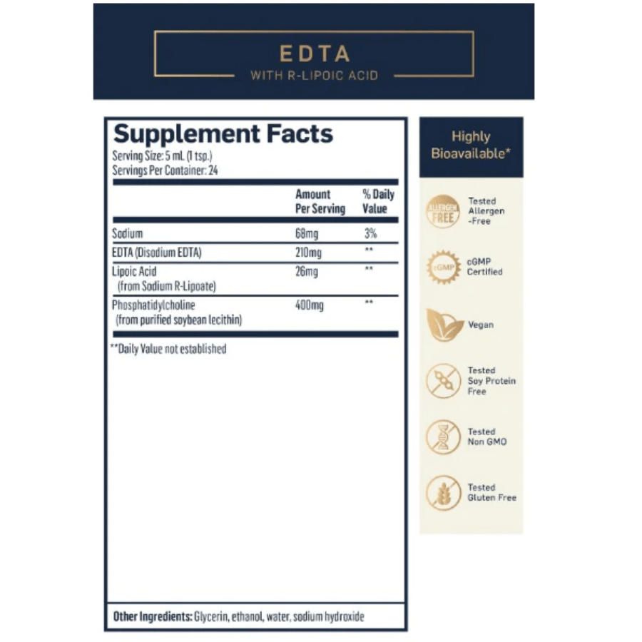 Two 4 oz bottles of Quicksilver Scientific EDTA and R-Lipoic Acid dietary supplement, packaged together, featuring supplement labels.