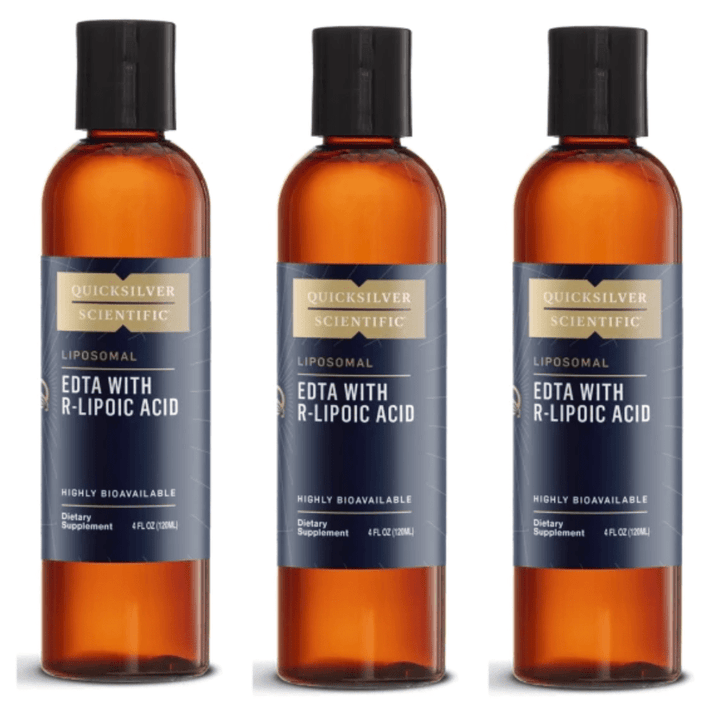 Quicksilver Scientific EDTA with R Lipoic Acid liquid supplement 3-pack, vitamins and supplements from WEBMHP, in bottles with labels