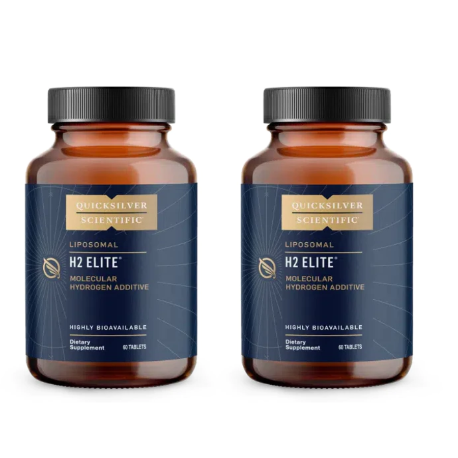 Quicksilver Scientific H2 Elit Molecular Hydrogen supplement bottles, 60 tabs each, in a 2-pack, from WEBMHP Vitamins & Supplements.