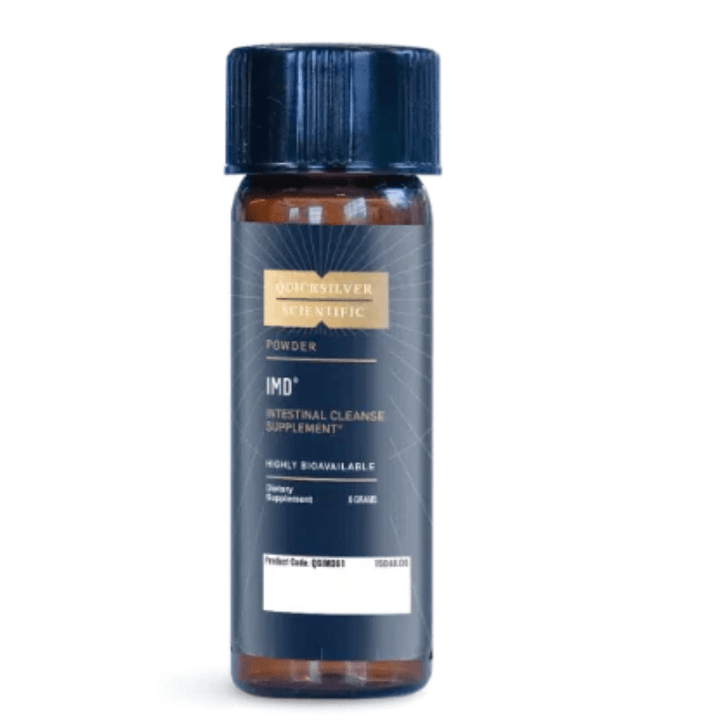 Quicksilver Scientific IMD Intestinal Metals Detox supplement in 6g small container, dietary vitamins and metals detox product