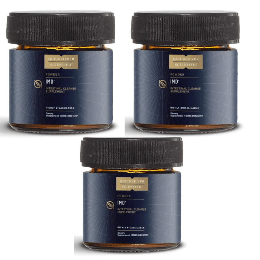 Quicksilver Scientific IMD Intestinal Metals Detox supplement 9g, large size, 3-pack from WEBMHP, with supplement bottles and labeling.
