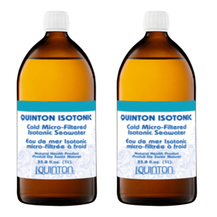 Quicksilver Scientific Quinton Isotonic 1 Liter bottles, supplement pack from WEBMHP, showing two bottles of vitamins and supplements.