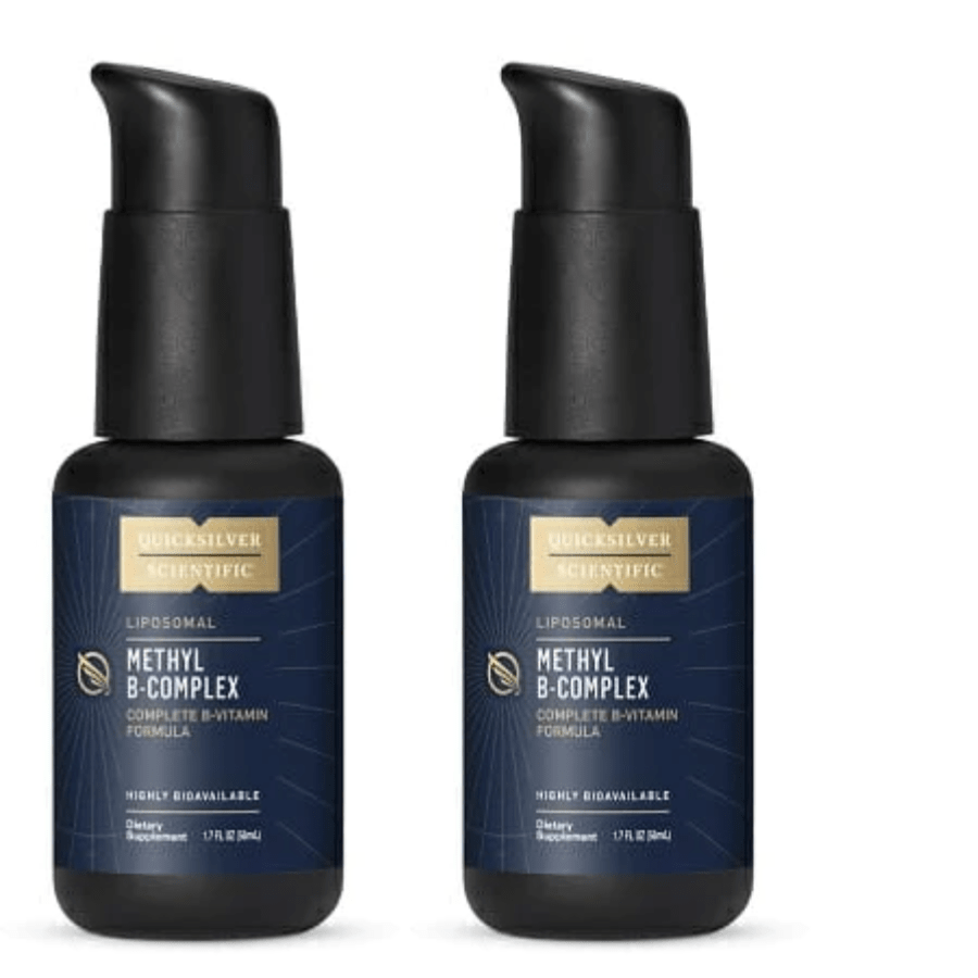 Two bottles of Quicksilver Scientific Liposomal Methyl B-Complex vitamins in a 1.7 fl oz pack, dietary supplement for energy and health.