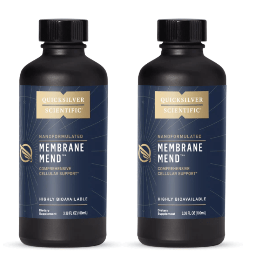 Quicksilver Scientific Membrane Mend 3.38 fl oz supplement bottle, shown with two-pack, for supporting health and wellness.