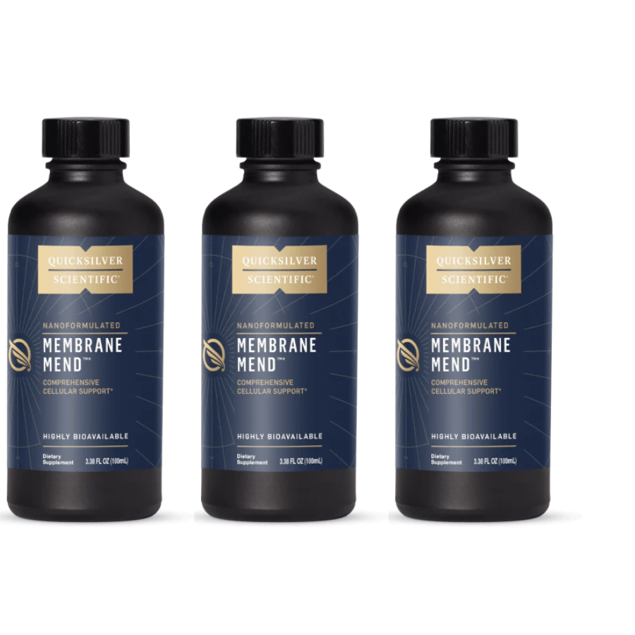 Quicksilver Scientific Membrane Mend Phosphatidylcholine supplement bottles, part of a 3-pack, for supporting membrane health.