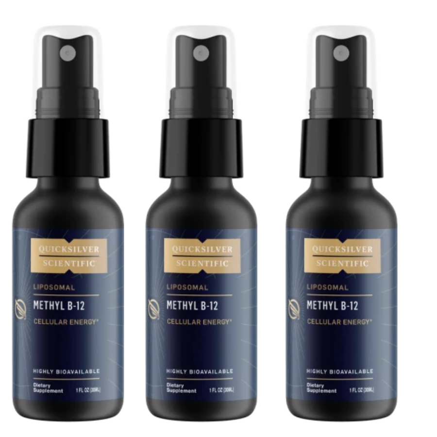 Quicksilver Scientific Methyl B12 liposomal vitamins, 1000 mcg, intraoral supplement, 3-pack, for natural B12 absorption.