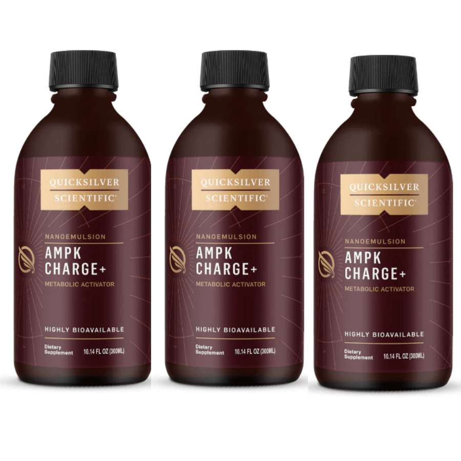 Bundle of three Quicksilver Scientific vitamins and supplements in black bottles, labeled with product details and colorful branding.