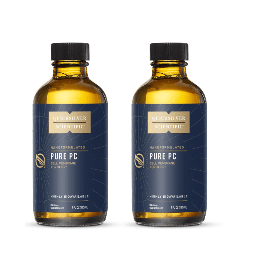 Two 4 oz bottles of Quicksilver Scientific Pure PC phosphatidyl choline supplements in screw-top bottles, part of a vitamins and supplements pack
