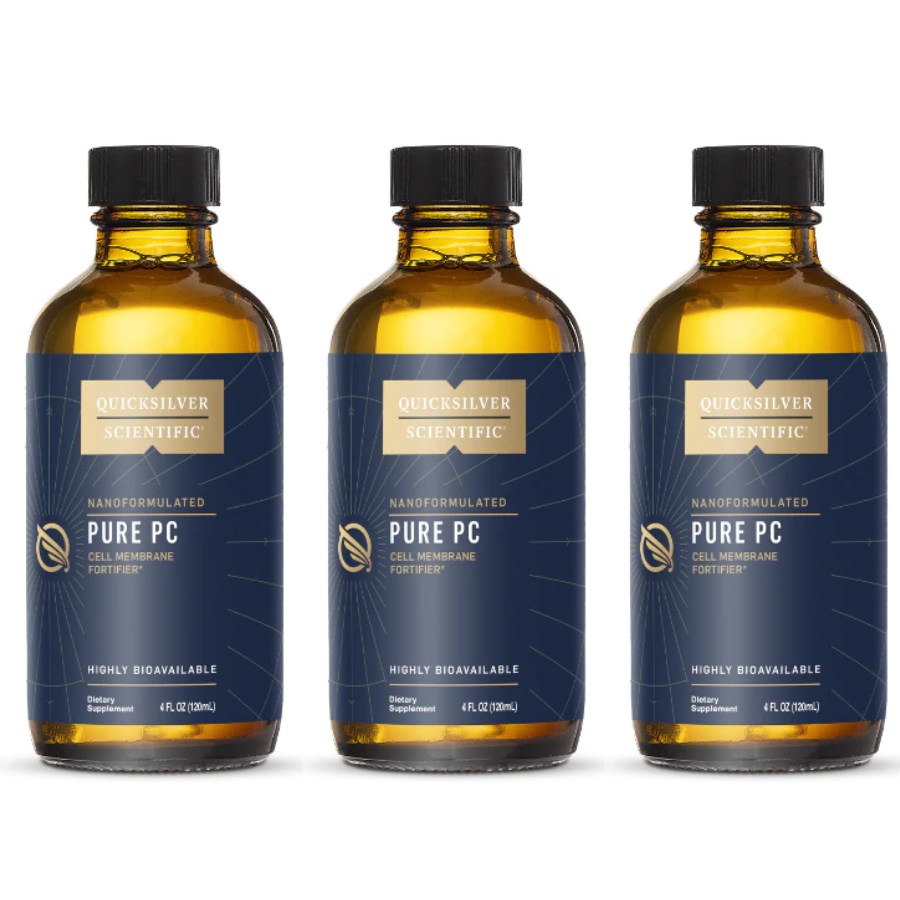 Quicksilver Scientific Pure PC Phosphatidyl Choline 4 oz. screw-top bottles, part of a 3-pack, in vitamin supplement bottles.
