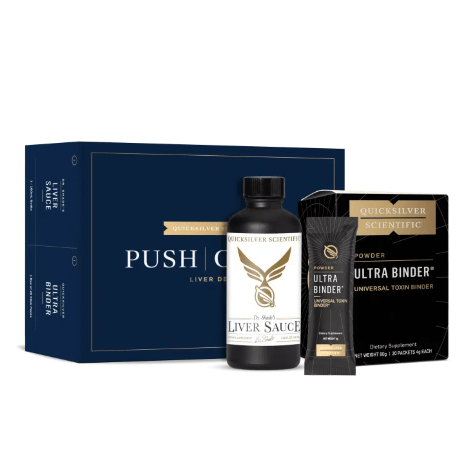 Quicksilver Scientific Push Catch Liver Detox supplement box with 100ml bottle and 20 sticks for liver health and detox.