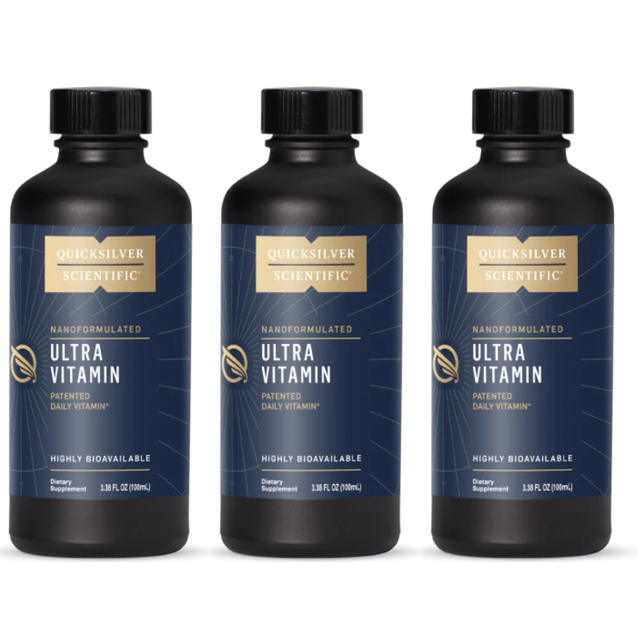 Quicksilver Scientific Ultra Vitamin supplement bottles in a 3-pack, 3.38 fl oz (100ml) bottles from WEBMHP, vitamins and supplements.