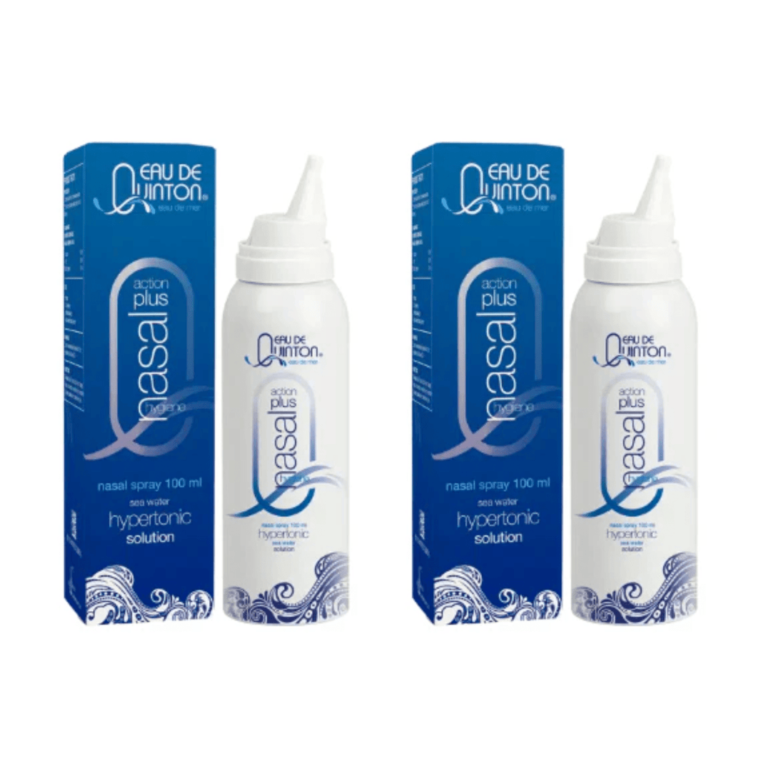 Two bottles of Quicksilver Scientific Quinton Action Plus Nasal Spray Hypertonic 100 ml from WEBMHP, in a 2-pack, with spray nozzles visible.