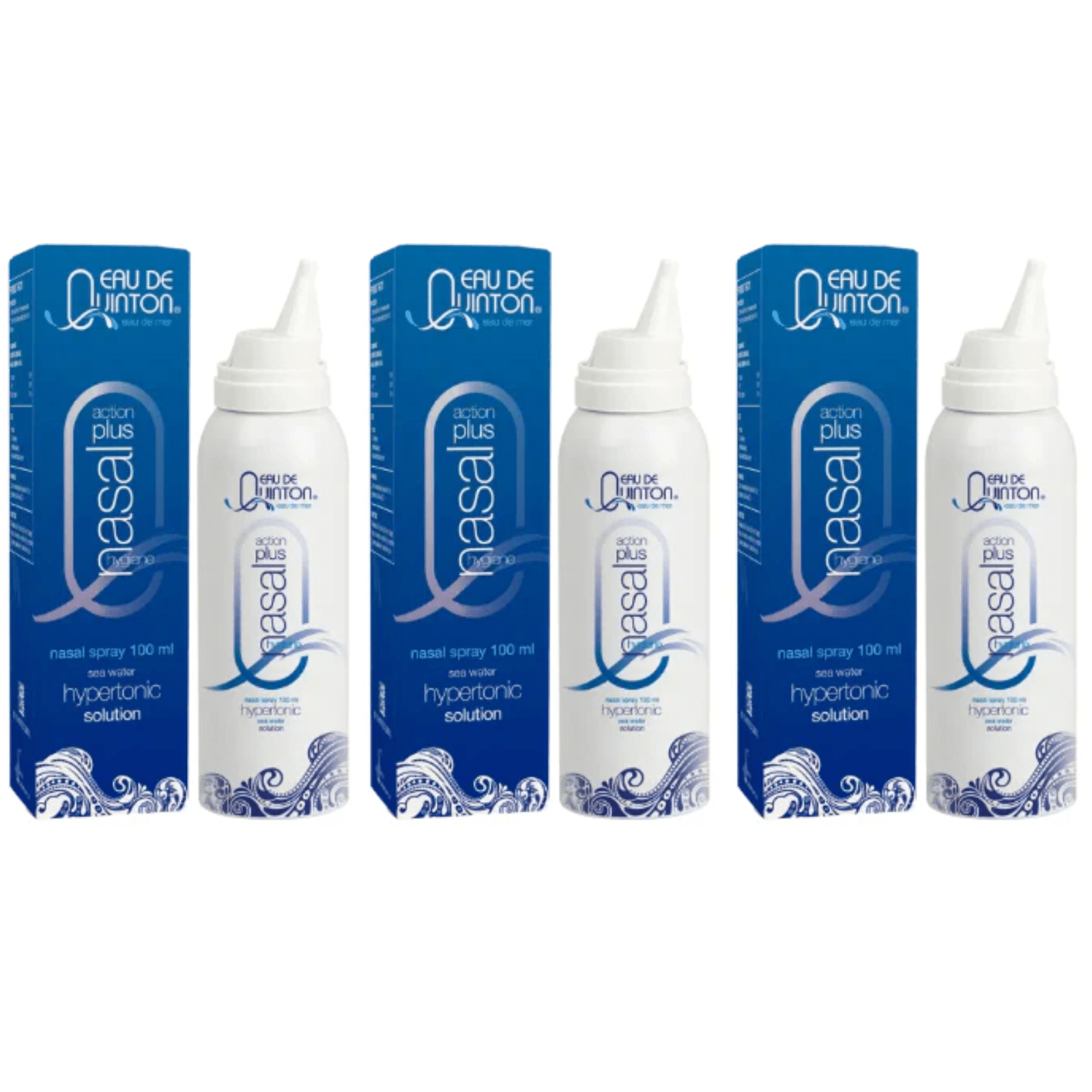 Three bottles of Quicksilver Scientific Quinton Action Plus Nasal Spray Hypertonic 100 ml from WEBMHP, a vitamins and supplements product.