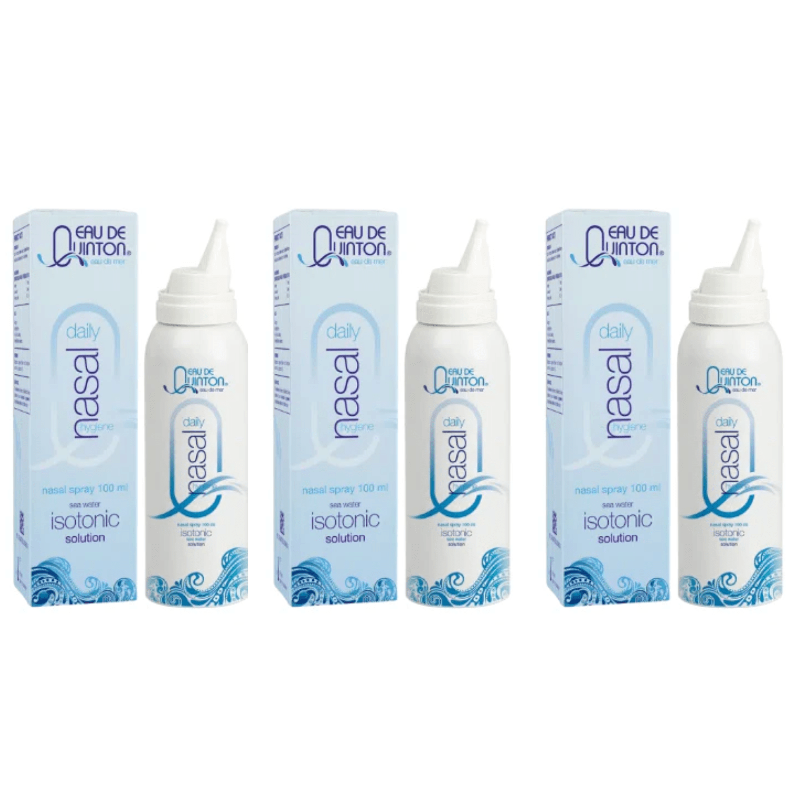 Three bottles of Quicksilver Scientific Quinton Daily Nasal Spray isotonic 100 ml from WEBMHP, a vitamins and supplements product.