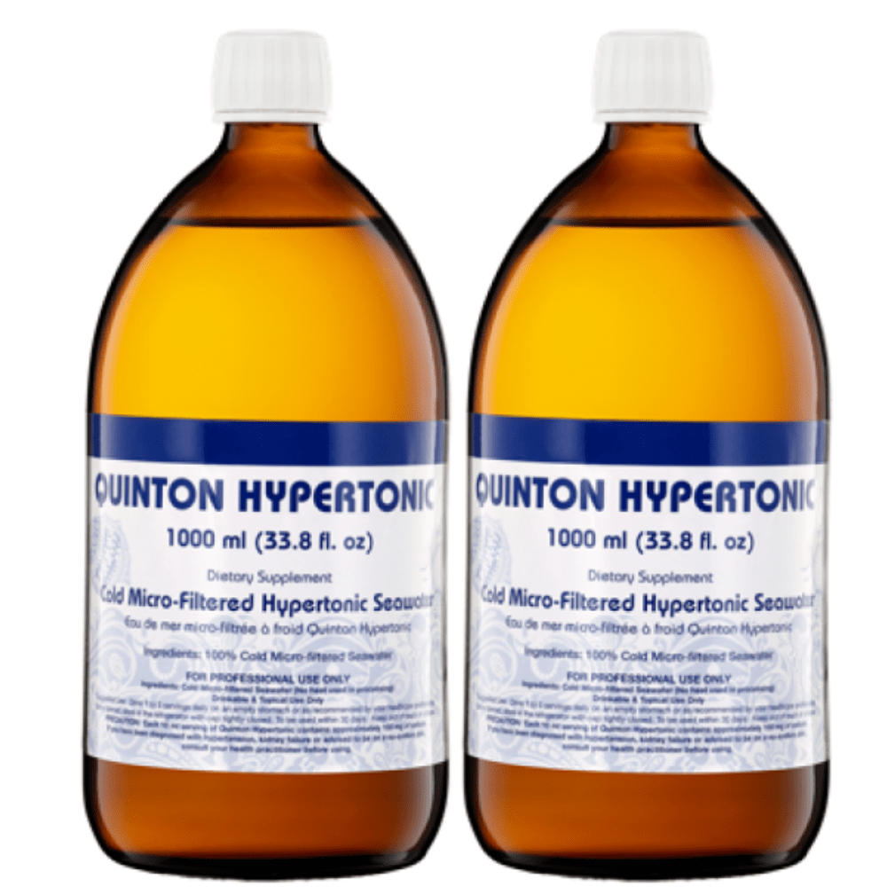 Two bottles of Quicksilver Scientific Quinton Hypertonic Liter supplements in a 2-pack, natural vitamins and mineral concentrate.