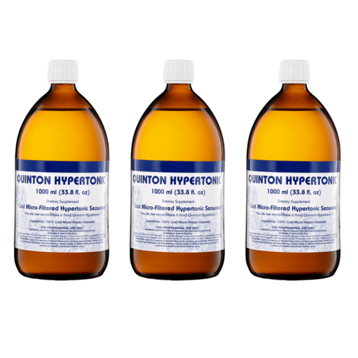 Three bottles of Quicksilver Scientific Quinton Hypertonic Liter, a dietary supplement from WEBMHP, shown in a 3-pack.