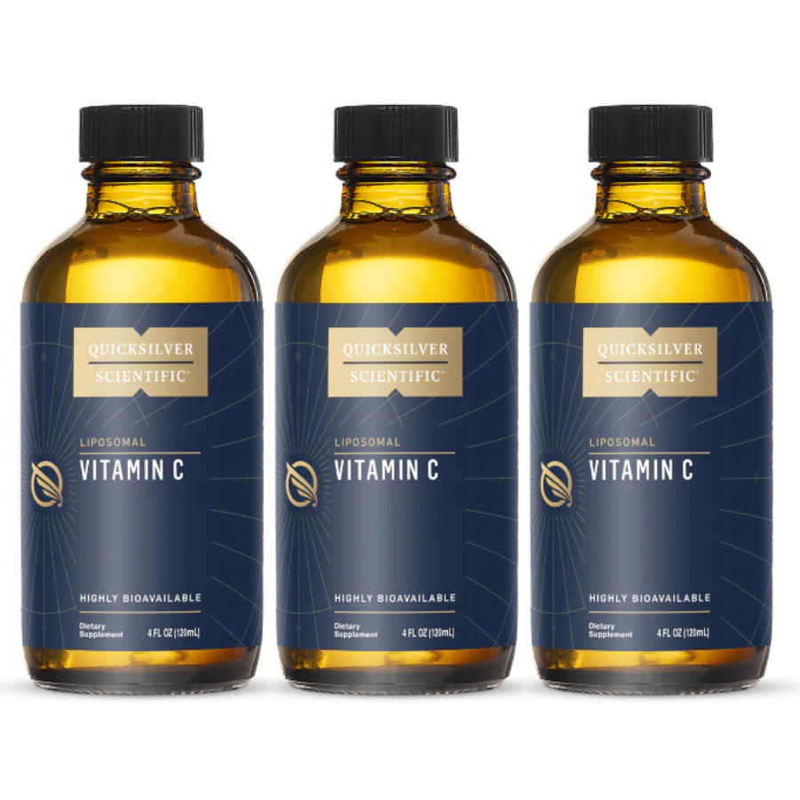 Three bottles of Quicksilver Scientific Vitamin C VITC-NORLIPOIC liquid supplement in 4 oz bottles, natural vitamin and antioxidant blend.