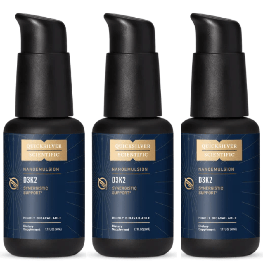Quicksilver Scientific Vitamin D3/K2 supplements in 1.7 oz bottles, three-pack, from WEBMHP, bottled vitamins and supplements image.