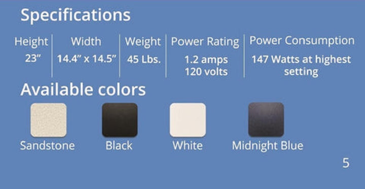 Specifications for the Austin Air HealthMate HEPA Standard Cleaner including dimensions, weight, power rating, and available colors.