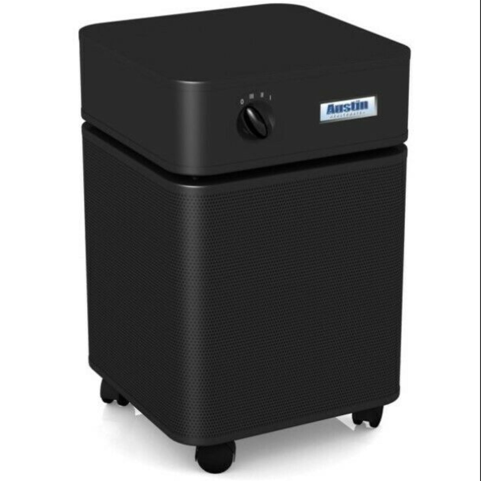 Austin Air Standard Healthmate Plus Machine HM450 Black air purifier on wheels for efficient air filtration.