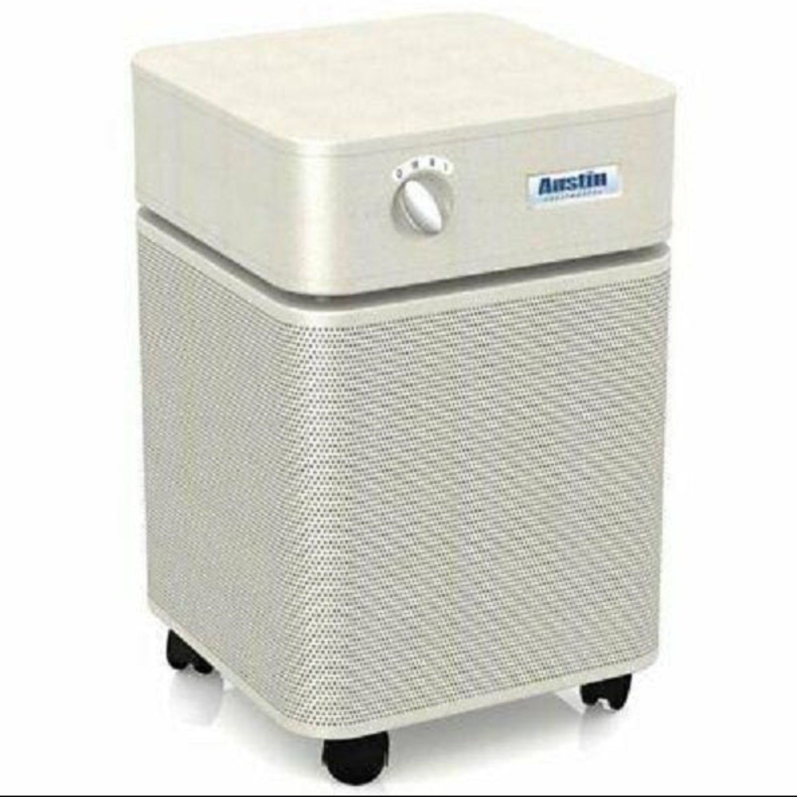 Austin Air HEPA Healthmate Plus Machine in Sandstone color, featuring a multi-layered filtration system.