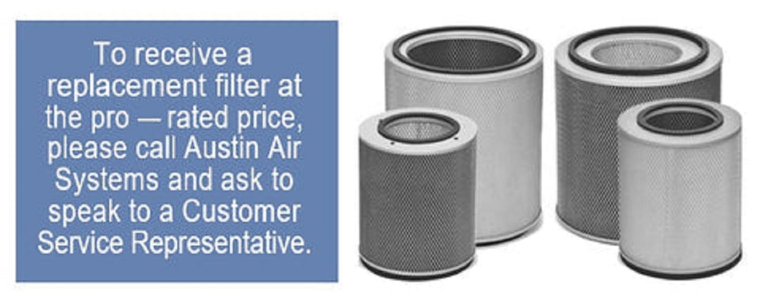 Austin Air HEPA Healthmate Plus Standard Machine replacement filters displayed with customer service contact information.